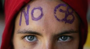 "No G8" Protester Photo--written on forhead